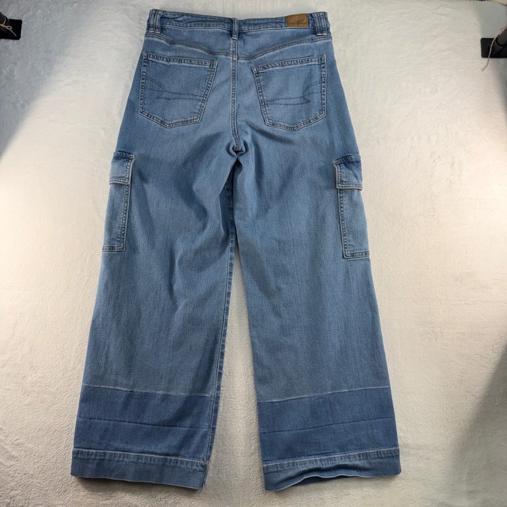 American Eagle 12 Super High Rise Baggy Wide Leg Cargo Stretch Jeans Light Blue - Picture 13 of 16